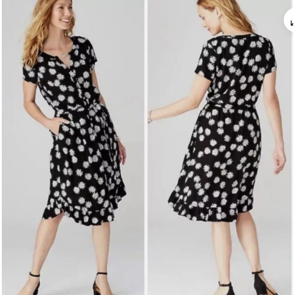 J Jill Black Daisy Print Ruffle Hem Short Sleeve Midi Flowy Dress M (no belt)